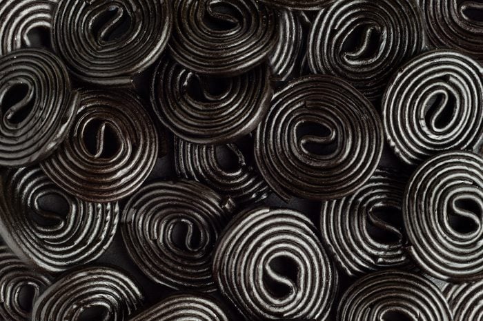 Licorice wheels candies. Candy flavored licorice. Top View