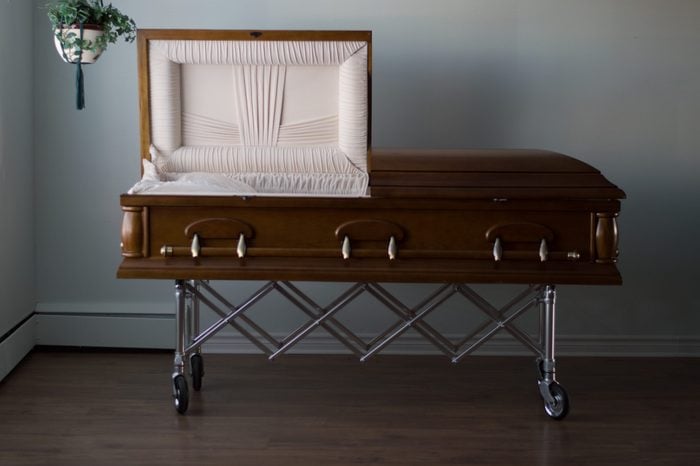 A photo of an open casket found in a funeral home,