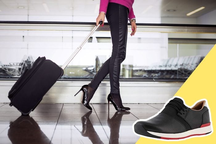 Woman wearing high heels in airport with inset of sneakers