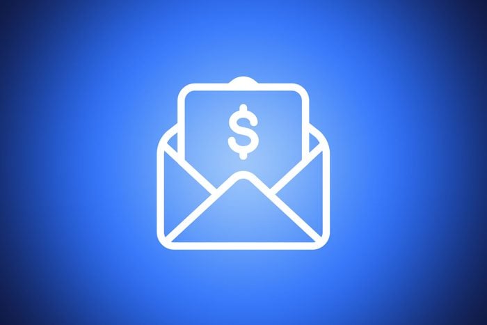 icon of envelope with a dollar sign coming out on blue background