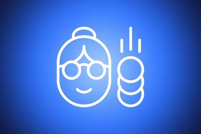 icon of old woman and coins on blue background
