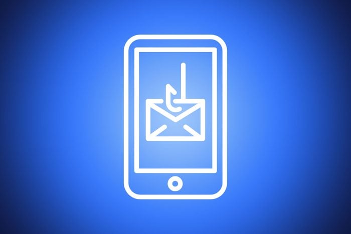 icon of smartphone with fishing hook through an envelope on blue background