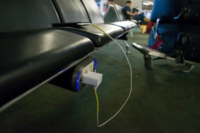 Power station founded under the seat for charging a devices in airport waiting area