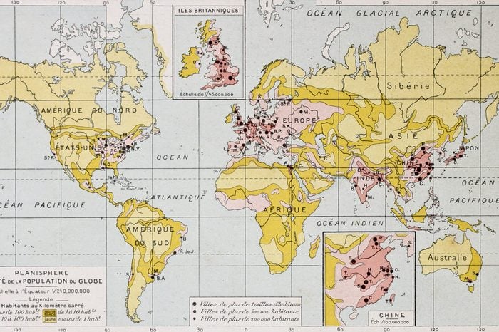 World population density at the end of 19th century, old map. By Paul Vidal de Lablache, Atlas Classique, Librerie Colin, Paris, 1894 (first edition)