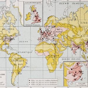 World population density at the end of 19th century, old map. By Paul Vidal de Lablache, Atlas Classique, Librerie Colin, Paris, 1894 (first edition)