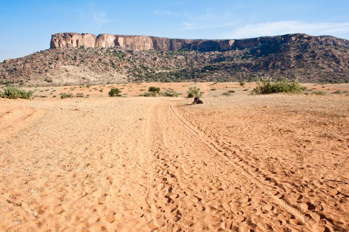 Desert at the base of the cliff, Mali, Africa.