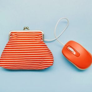 computer mouse attached to striped wallet on a blue background