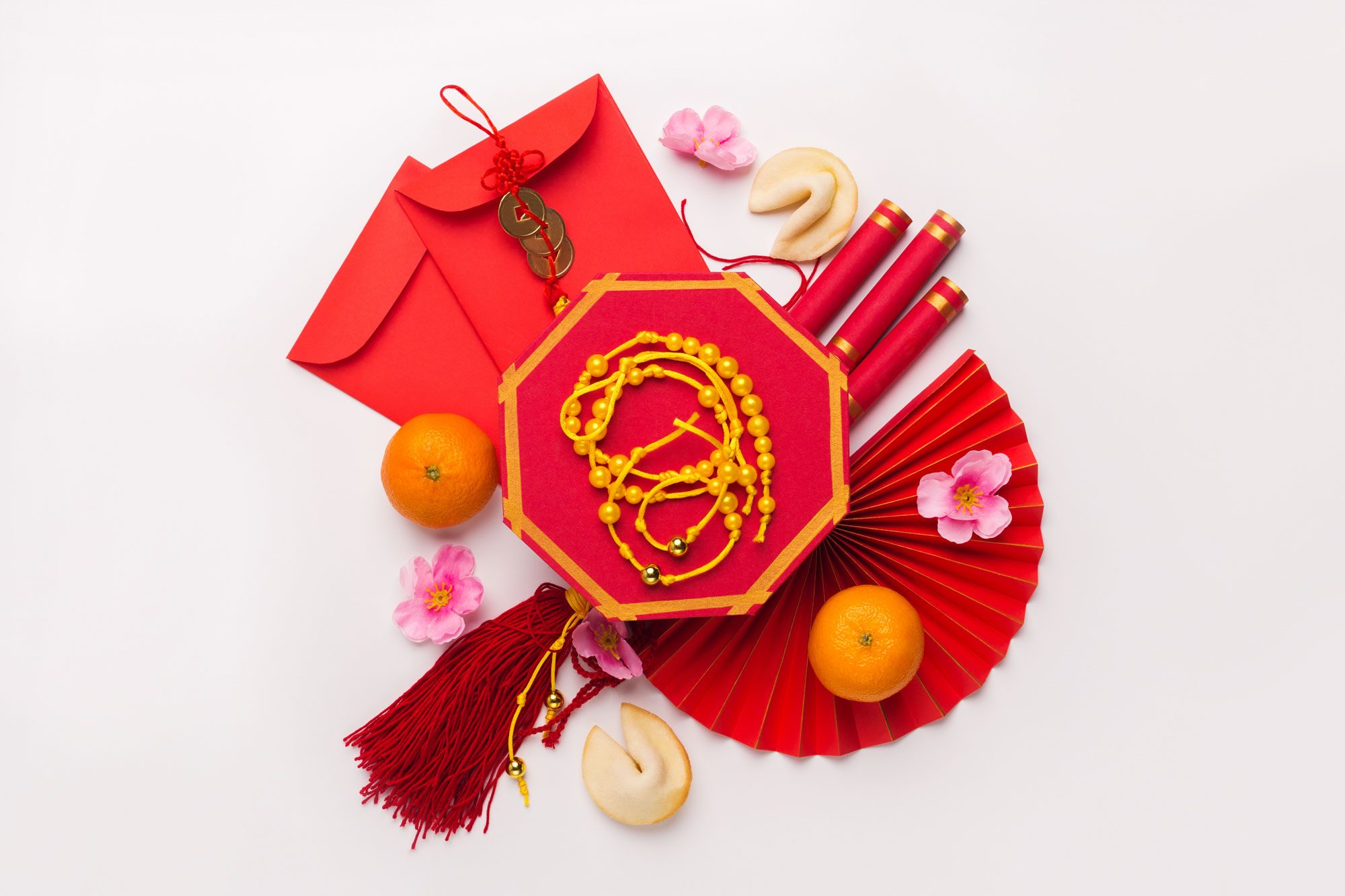 Flat Lay Chinese New Year Tangerine, Plum Blossoms And Other Traditional Accessories