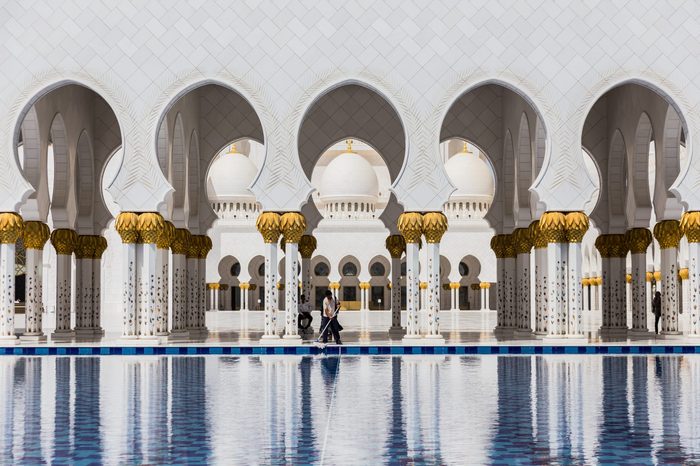 Sheikh Zayed Mosque Left Wing Corridor with Pool, The Great Marble Grand Mosque at Abu Dhabi, UAE 