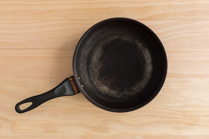 non stick frying pan on wooden background