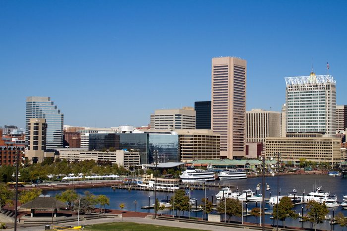 Downtown Baltimore, Maryland city inner harbor skyline showing the marina, buildings and business on a clear sunny day.