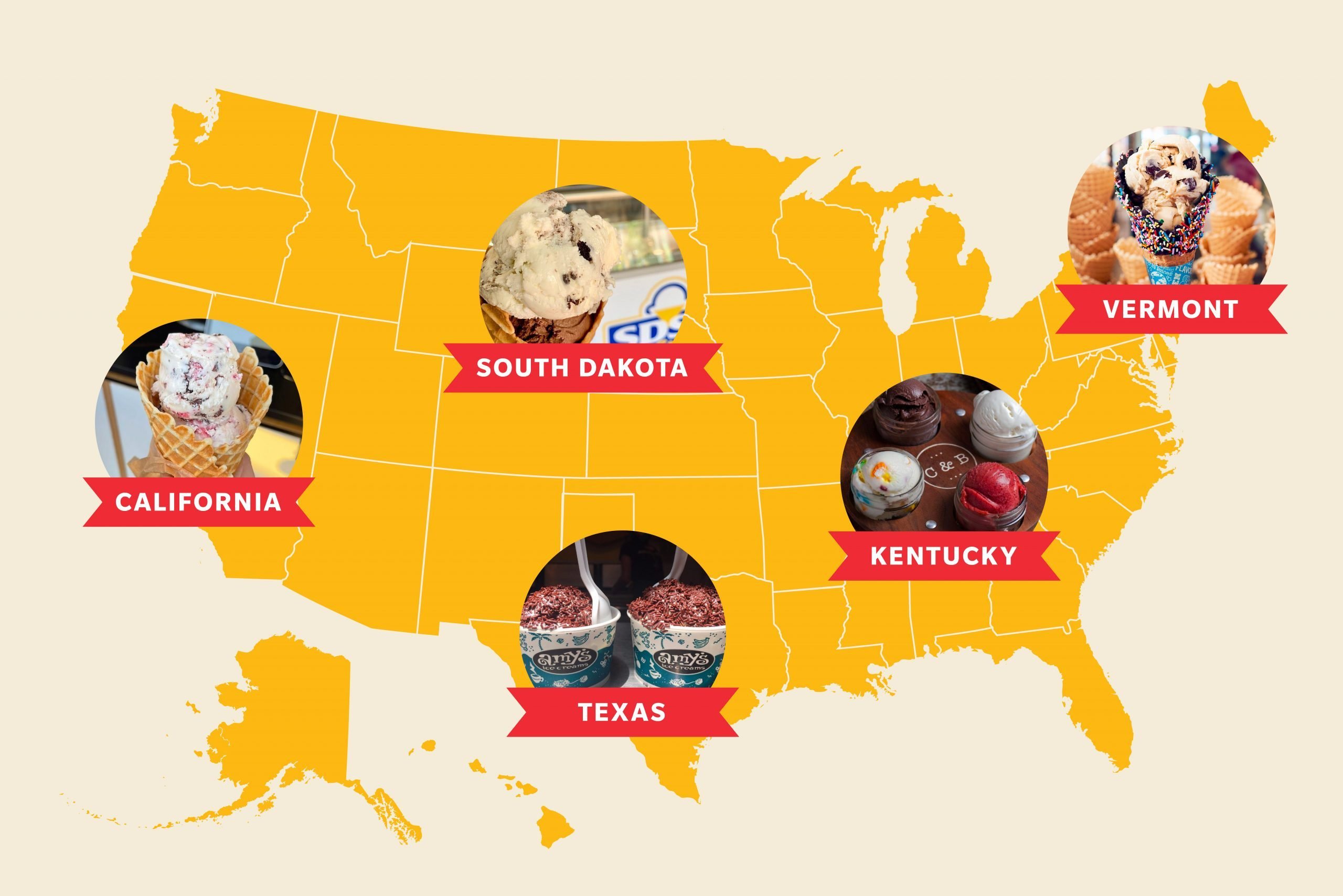 map of the United States showing the best ice cream in five states