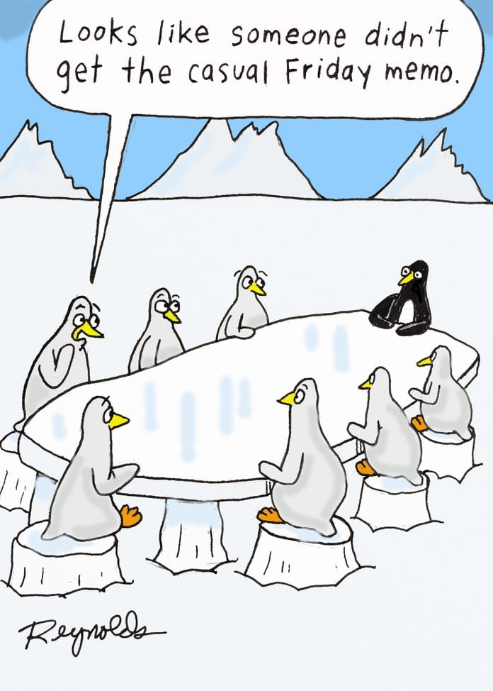 penguins around a table disucssing all but ones lack of "tuxedo"