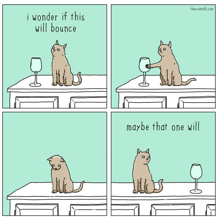 cartoon about cat pushing wine glasses off the counter