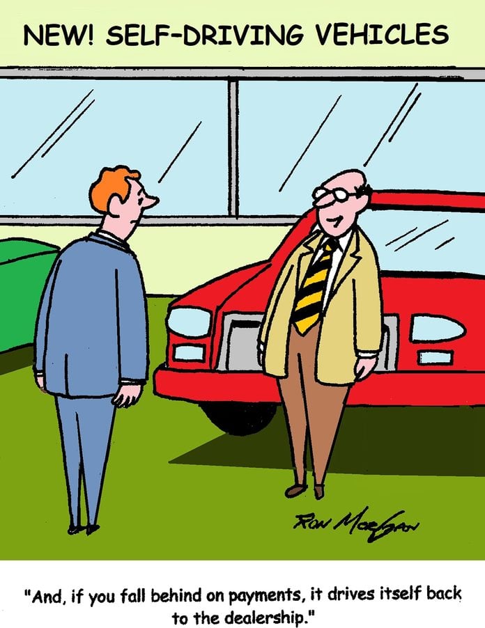 cartoon about a self driving cars; the car drives itself back to the dealership if you fall behind on payments