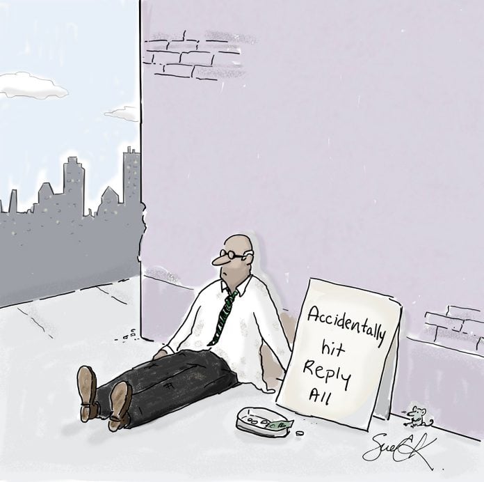 cartoon of a homeless man in a suit with a sign that reads, "accidentally hit reply all"