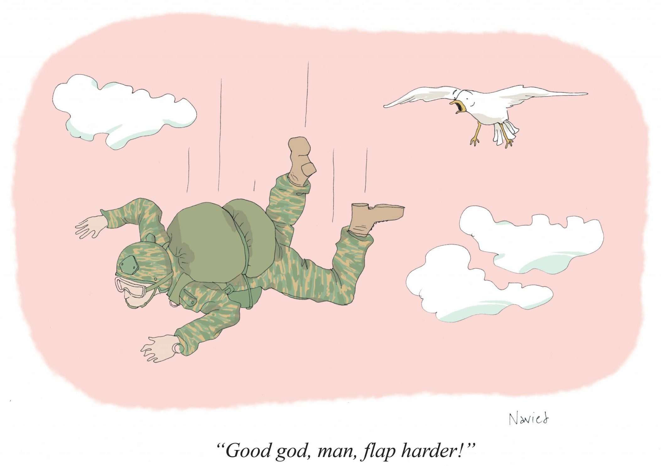 a bird says to a falling man in camouflage, "good god, man, flap harder!"