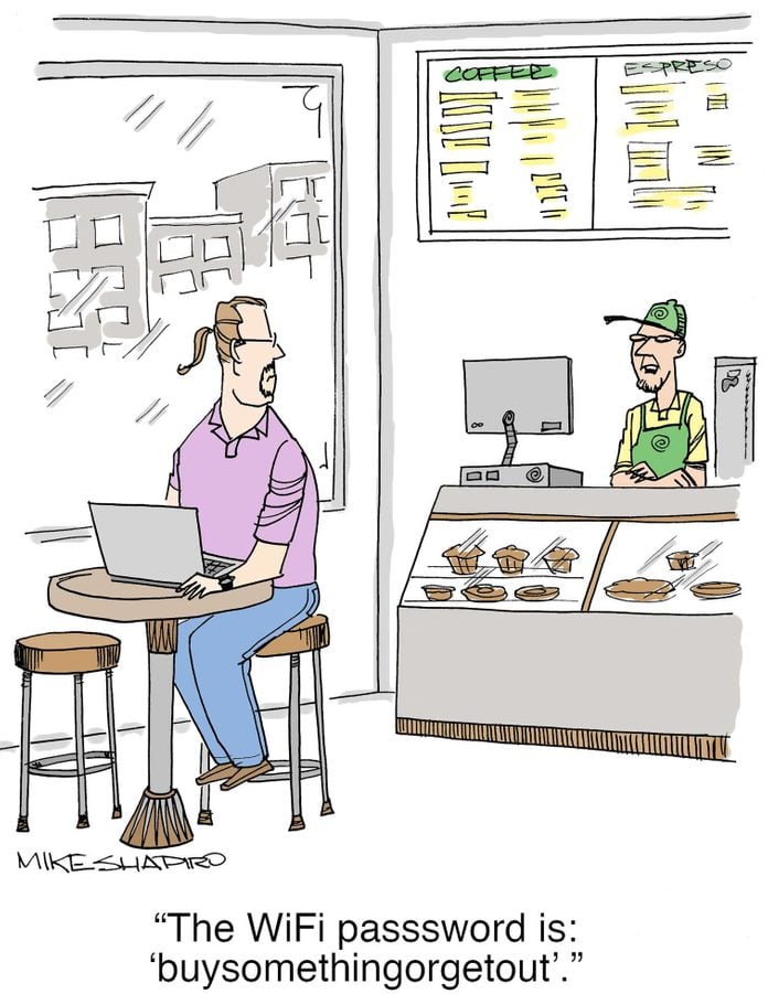 cartoon about the wifi password in restaurant being "buysomethingorgetout"