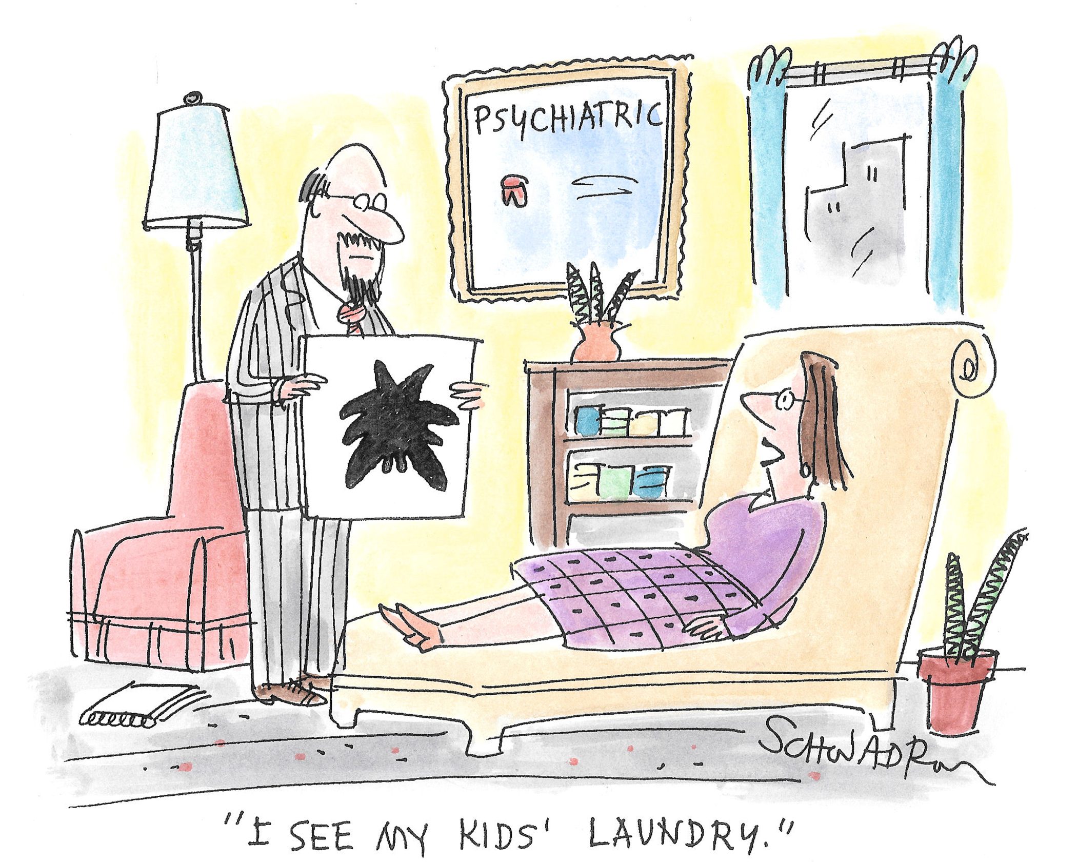 woman in a therapists office looking at an inkblot says, "i see my kids laundry"
