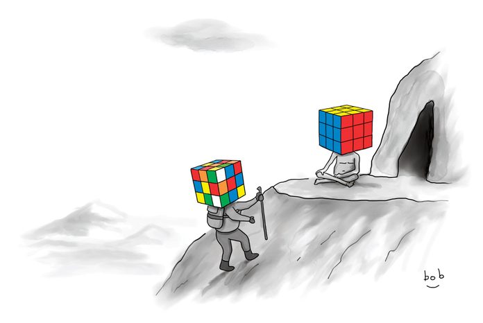 a man with a mixed up rubiks cube as a head, hikes to the top of a mountain to find a figure seated with legs crossed with a solved rubiks cube as a head