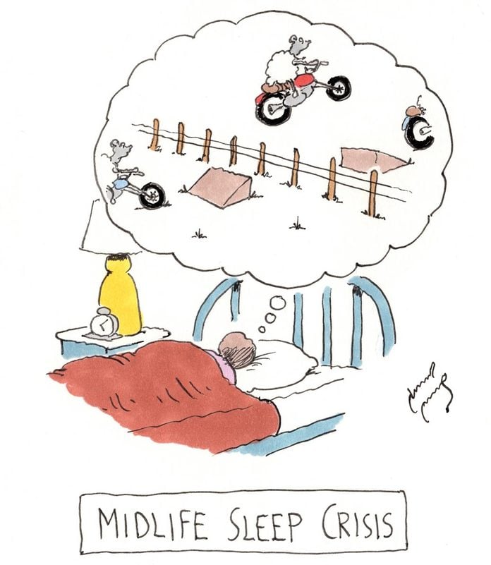 Midlife Sleep Crisis: a man dreams of sheep hopping the fence on motorcycles