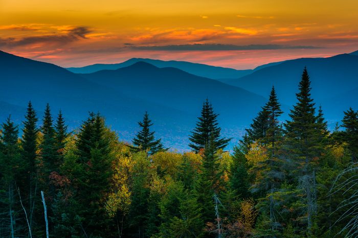 Sunset from Kancamagus Pass, on the Kancamagus Highway in White Mountain National Forest, New Hampshire.