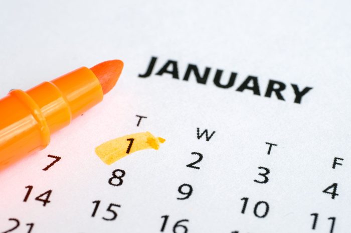 The concept of the new year. The first of January is marked on the calendar 2019 with an orange marker.