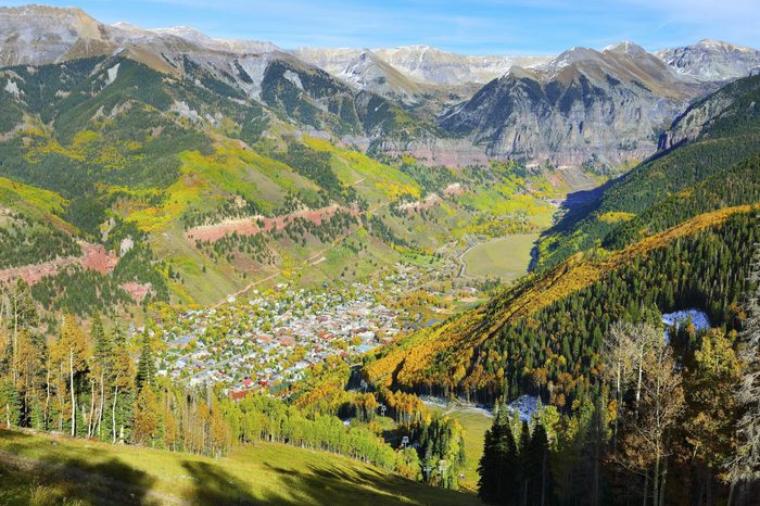 colourful mountains and vew of Telluride, Colorado during foliage season
