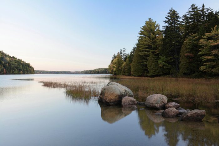 early morning, reflections, Echo Lake, Acadia National Park, Maine, USA
