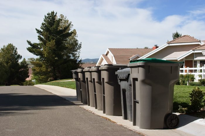 Garbage bins line up on a residential street.