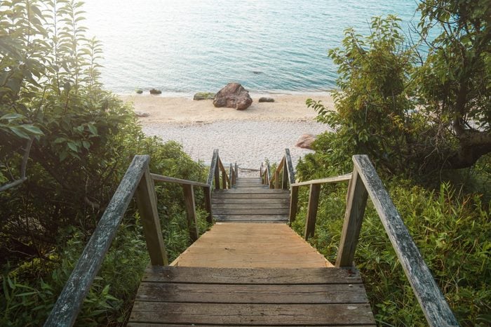 Stairs lead to a beautiful beach on the North Fork of Long Island