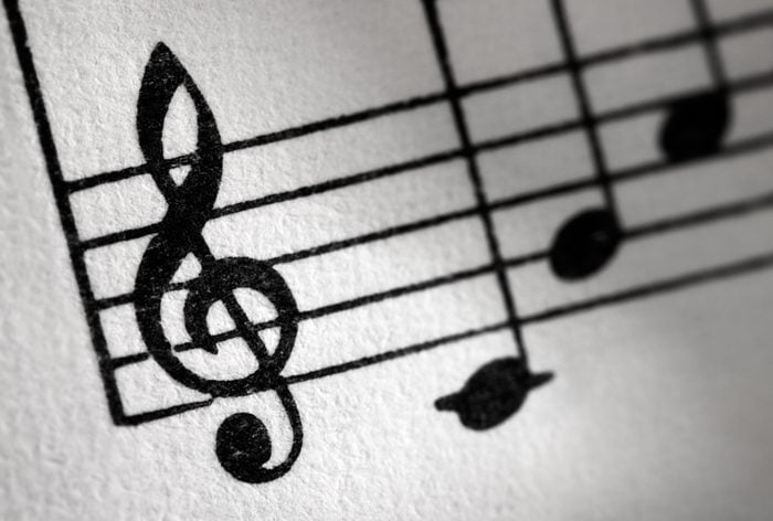 Treble clef and music sheet, diagonal image formation.