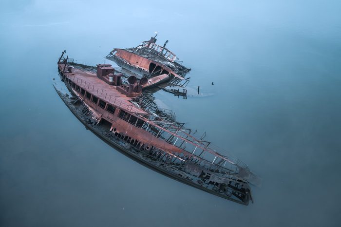 Aerial view of shipwrecks at the Staten Island Boat Graveyard 