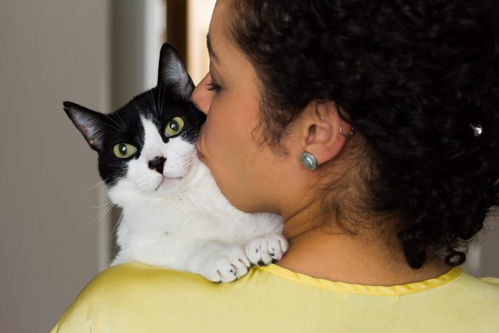 Close up of woman with curly hair holding and kissing her domestic black and white kitten with green eyes on the shoulder. Concept of love to animals, pets, lifestyle, care. Room interior, at home.
