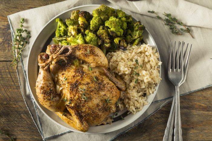 Herby Baked Cornish Game Hens with Rice and Veggies
