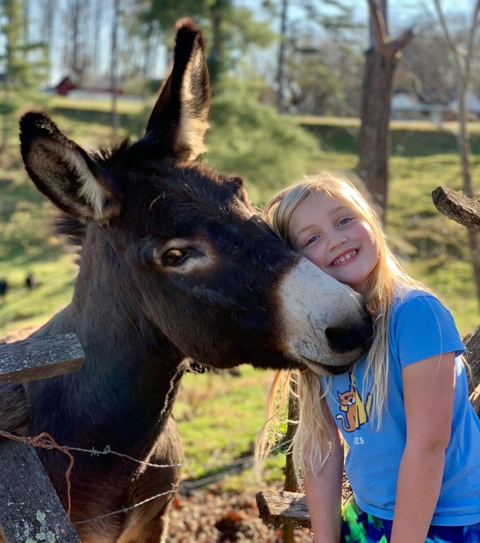 girl posing with donkey with their heads together