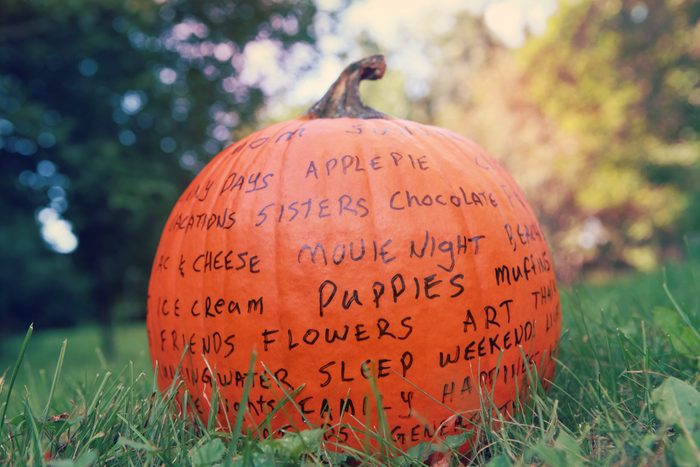 Thankful pumpkin autumn craft with words of gratitude printed on it outdoors sitting in the grass