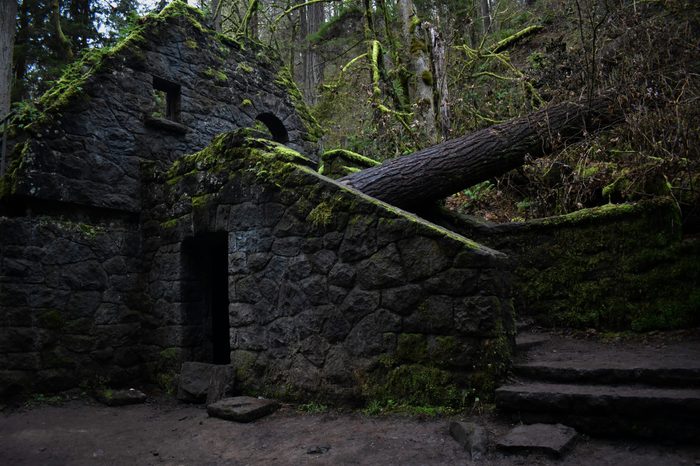 The Witch's Castle in Portland, Oregon is a spooky site of an old abandoned bathroom along a hiking path.