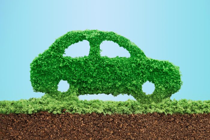 Green Fuel Efficient Car Concept; car made out of moss on moss and dirt crossection with blue background