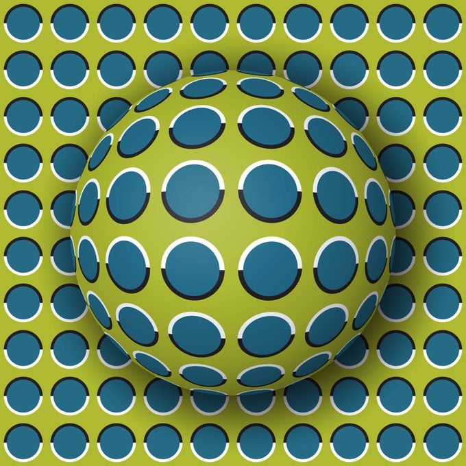 Polka dot ball rolling along the polka dot surface. Abstract vector optical illusion illustration. Extravagant background and tile of seamless wallpaper.