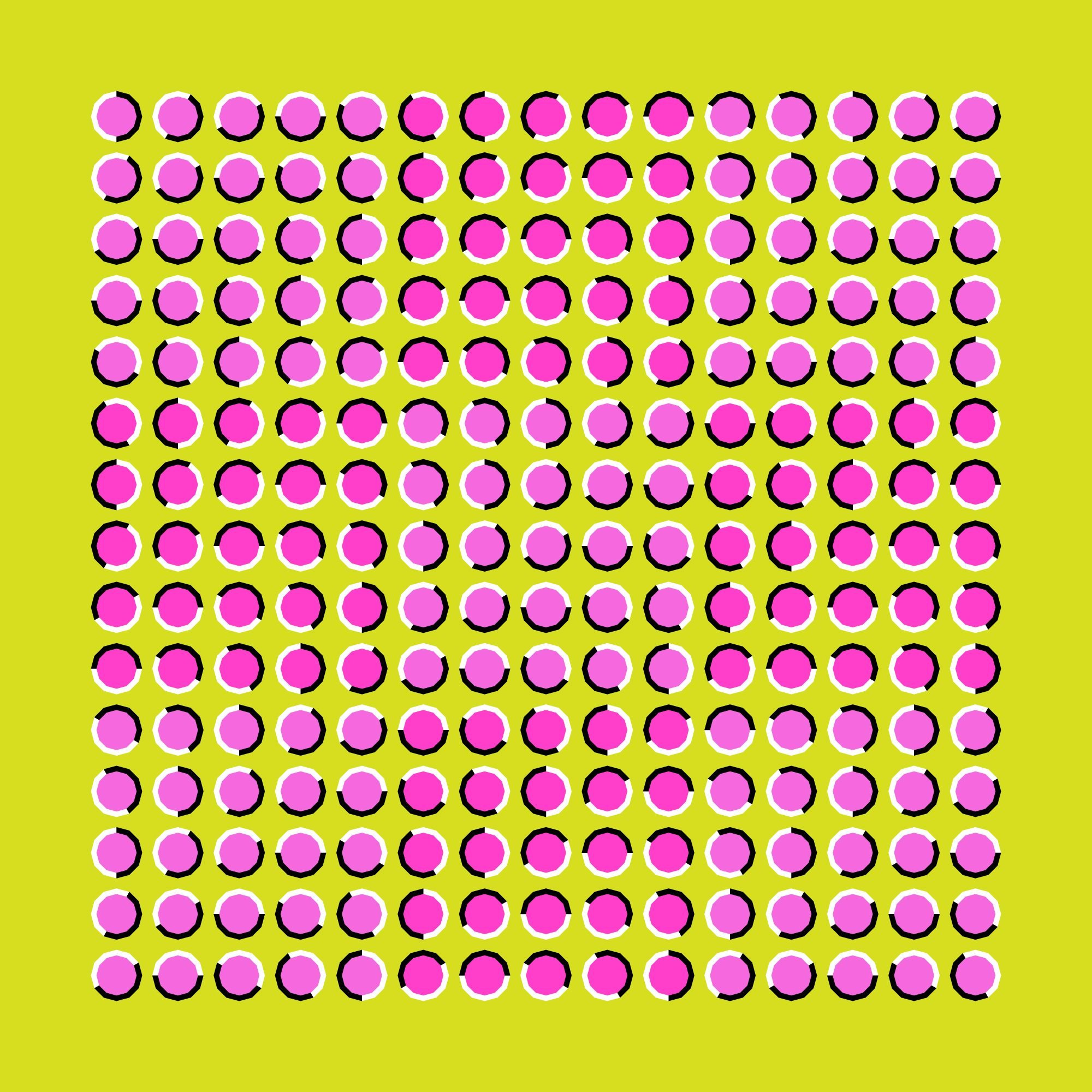 La ilusión óptica del movimiento ejecutada en forma de polígonos fluctuantes de color rosa y lila.