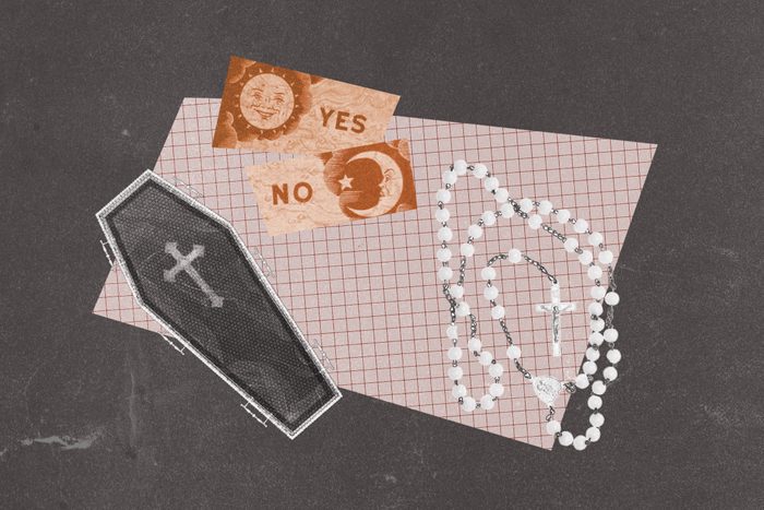 Ouija board yes and no options in collage with rosary and casket