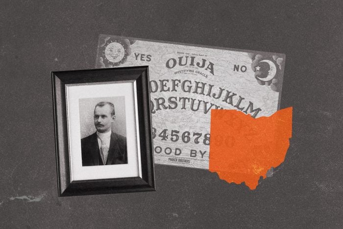 Ouija board collaged with state of Ohio and an antique portrait