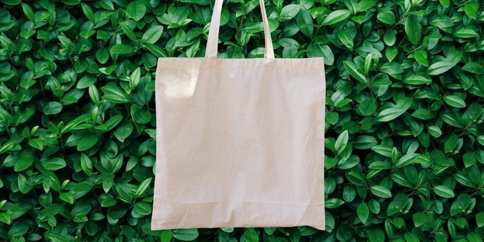 reusable bag in front of greenery