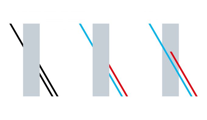 Poggendorff ilusão óptica geométrica. A linha vermelha parece continuar atrás do retângulo cinza, mas é a linha azul. Percepção errada de uma posição. Ilustração em fundo branco. Vetor