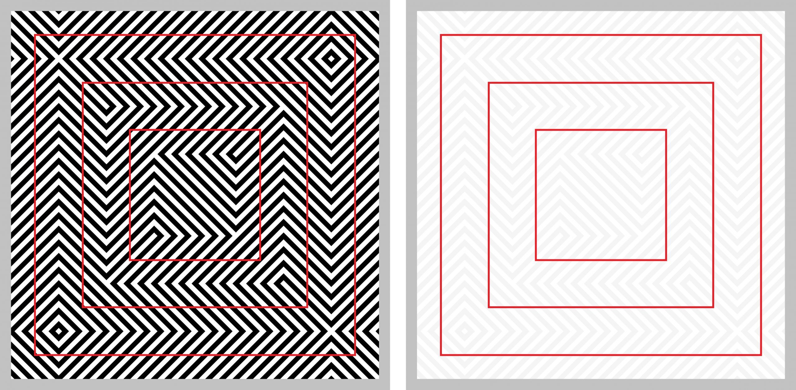 Ilusión óptica (los cuadrados rojos se ven distorsionados) con una explicación a la derecha