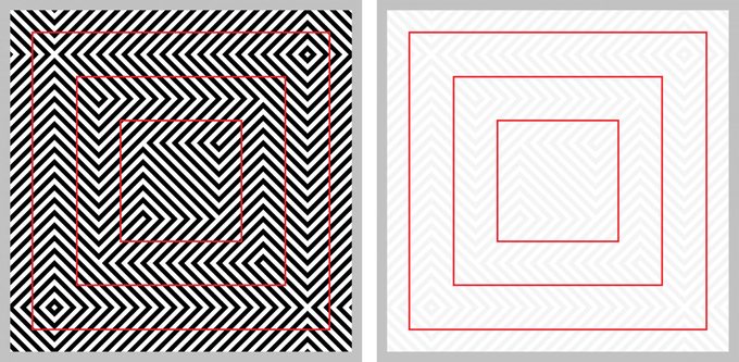 Optical illusion - red squares look distorted - with explanation on the right