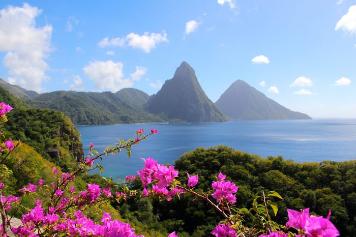 The pitons in St. Lucia as seen from Jade Mountain Resort.