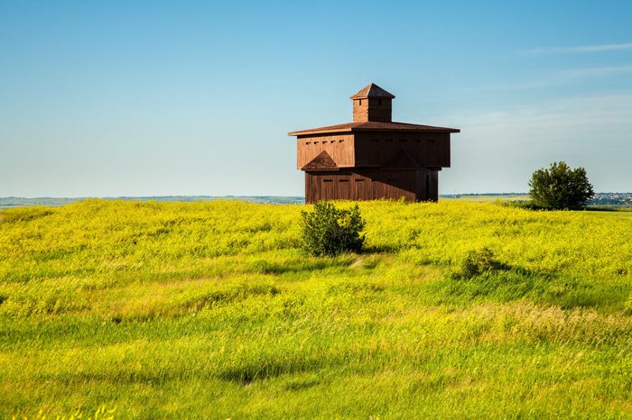 A reconstructed infantry blockhouse on the open priarie in Fort Abraham Lincoln State Park. It is a North Dakota state park located 7 miles south of Mandan, North Dakota