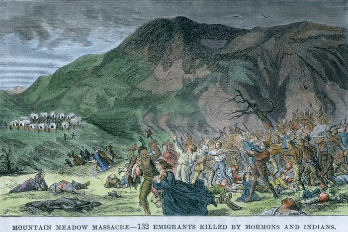 The Mountain Meadows Massacre The slaughter of an Arkansas wagon train by Mormon militia and a few local Indians on Sept 11, 1857, during the 'Utah War', 19th century engraving with modern watercolor.